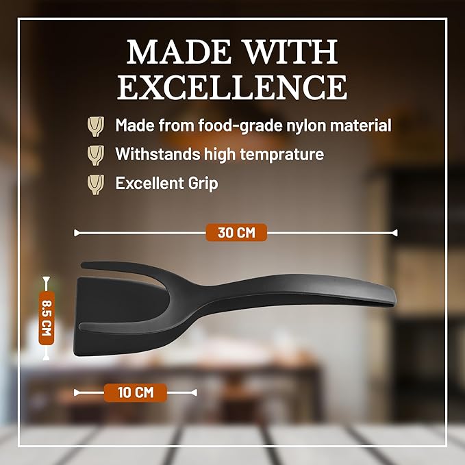 2 in 1 Flipper Spatula with tongs - Nylon Easy Grip Flip Spatula for Hash browns, Burgers, Steaks, French Toast, Omelets, Pancakes - Non-Stick Head, Ergonomic Handle, Withstands High Temperatures