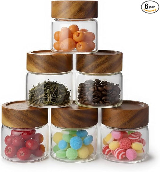 6-Pack 6 fl oz Airtight Food Sealed Jars with Acacia Wood Lids - Glass Meal Prep Containers for Overnight Oats, Snack Storage, Chia Pudding, Pantry Organization Essentials