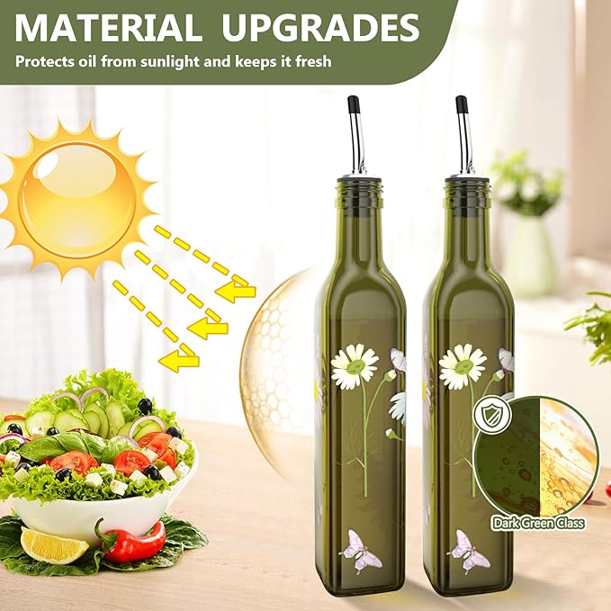 COOLMI Oil and Vinegar Dispenser Set - 17oz/500ML Premium Glass Olive Oil Dispenser Bottles for Kitchen, Oil Dispenser for Kitchen(Daisy)