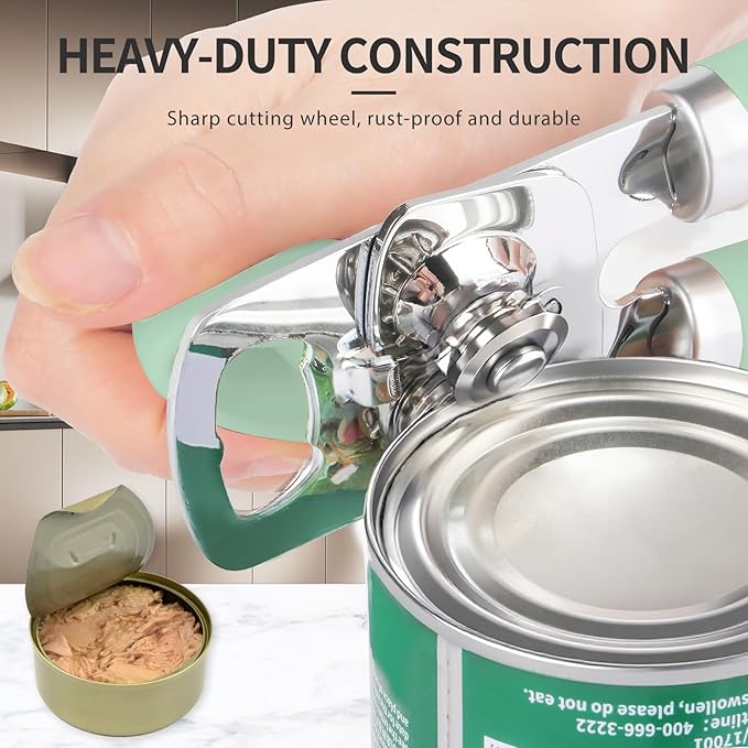 Can Opener Manual, Heavy Duty Stainless Steel Smooth Edge Can Opener With Soft Touch Handle, Oversized Handheld Easy Turn Knob, Multi-Function Bottle Opener, Mint