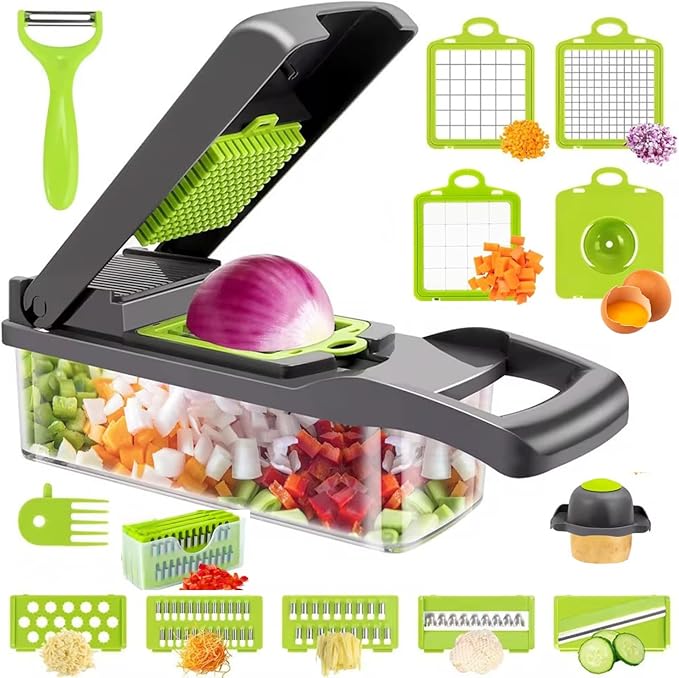 Vegetable Chopper Dicer with Container Cheese Grater Mandoline Slicer Cabbage Shredder French Fry Cutter Stainless Steel For Veggie Onion Potato Fruit Food,Manual Hand Cooking Gadget for kitchen