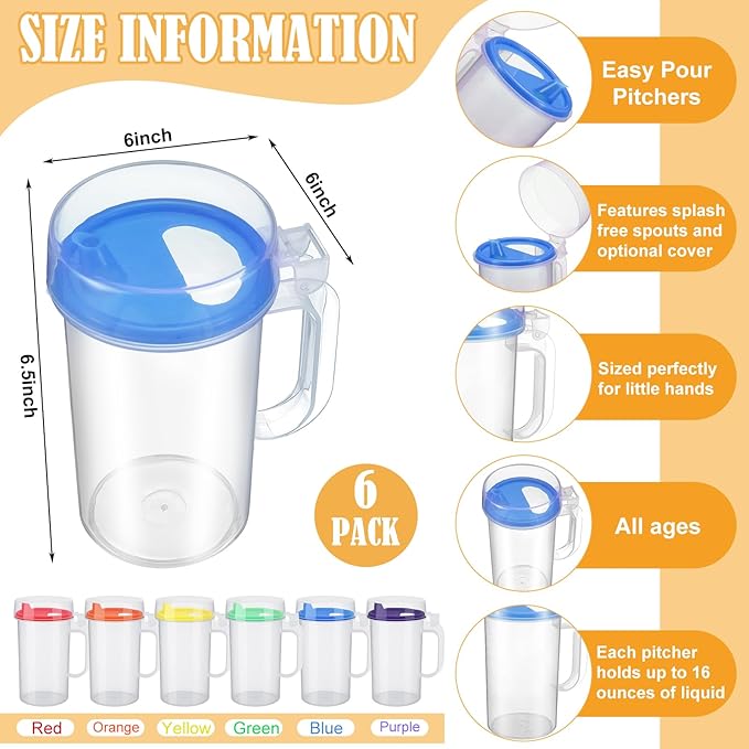 6 Pack Early Learning Kids Easy Pouring Mini Pitchers Clear Plastic Pitcher with Lid and Handle Easy Pour Bottles 16 Oz. Jugs with Lids for Classroom Nursery Home (Colorful)