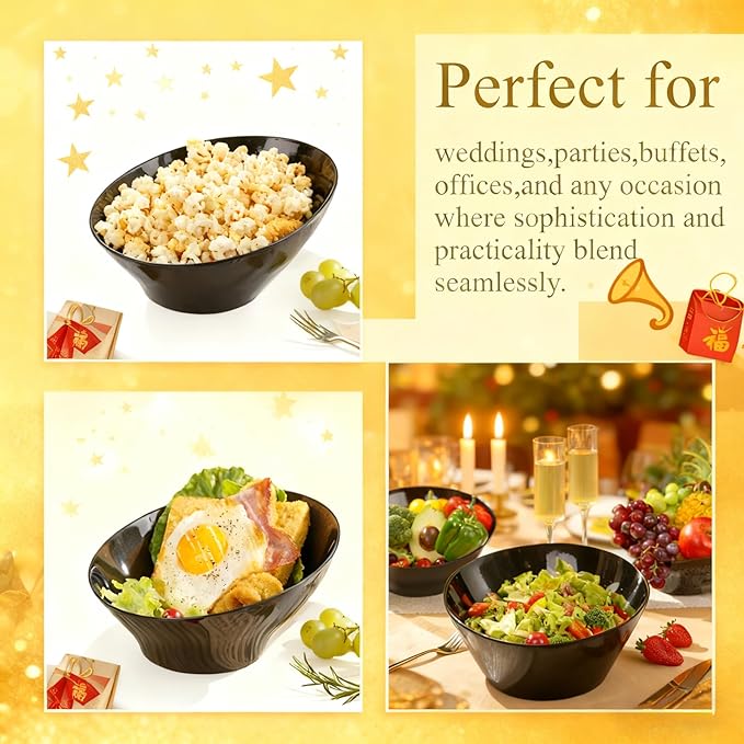 Liacere 16 Pack Black Plastic Bowls - Black Serving Bowls - 20 OZ Angled Bowl Disposable for Chip,Candy,Salad and Fruit - Ideal for Wedding & Party & New Year