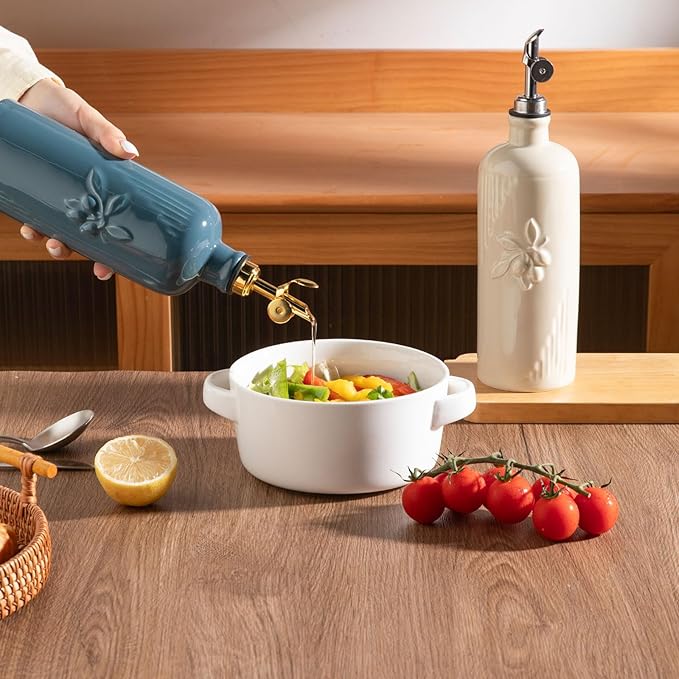 Sweejar Ceramic Olive Oil Dispenser Bottle for Kitchen Counter, 20 oz Oil Dispenser with Gold Spout, Avocado Oil Cruet for EVOO, Vinegar, Oil Container for Cooking, Pack of 1 (Fog Blue)