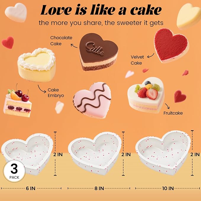 SJ 3P Silicone Heart Shaped Cake Pans, 6 Inch 8 Inch 10 Inch Nonstick Cake Pan, BPA Free Silicone Heart Cake Baking Mold for Oven Dishwasher Safe-Heartdot