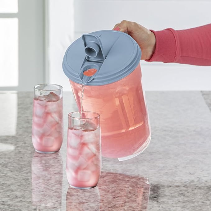 Sterilite 6 Pack 1 Gal Round Pitcher, Drink Dispenser Jug, Flip Tab Lid, Washed Blue
