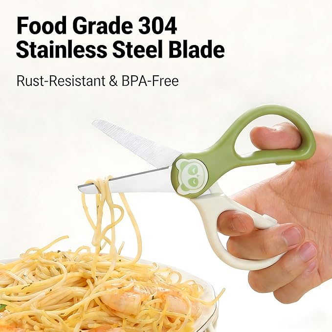 Baby Food Scissors Kicthen Shears,Kids Scissors Stainless Steel Scissors with Travel Storage Case - Ideal for Cutting Meat, Chicken, Vegetables, and Fruits - Green