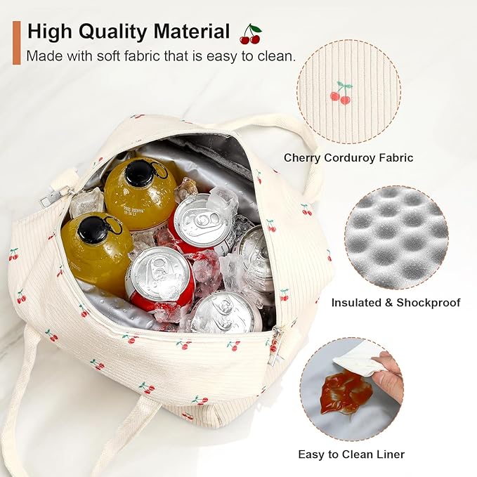 Lunch Box for Women Adults, Reusable Cute Corduroy Lunch Tote Box with Large Capacity, Insulated Lunch Bag with Adjustable Shoulder Strap, Perfect for Work, Picnic, Office or Travel