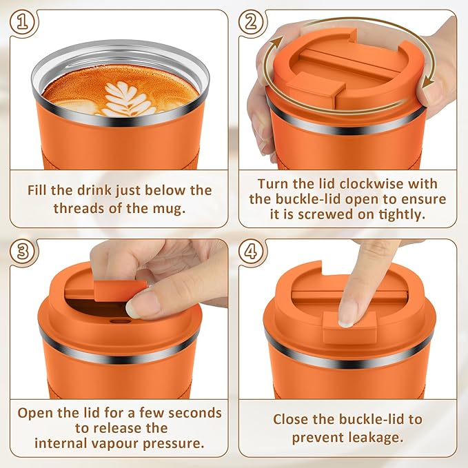 KETIEE 12oz Insulated Travel Mug, Vacuum Stainless Steel Double Walled Reusable Coffee Cup with Leakproof Lid, Travel Tumbler Coffee Mug to Go for Hot and Iced Tea Water (Orange)