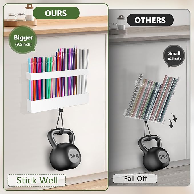 9.5" Large Acrylic Straw Holder for Cabinet Door - Reusable Tumbler Straw Organizer Storage, Small Kitchen Accessories Container, Ultra Sticky Cupboard Door Mounted (White)