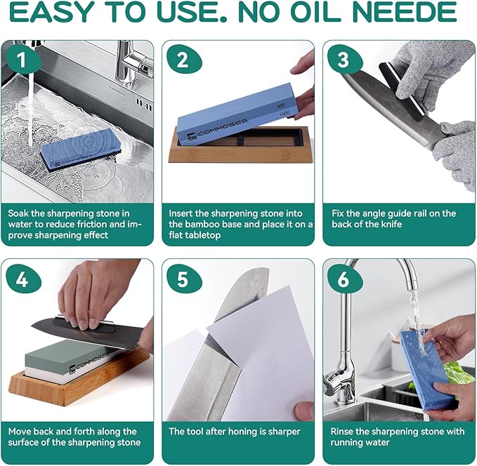 Whetstone Sharpening Stone Knife Sharpener Stone Set: 4 Side 8000|3000 1000|400 in Kitchen With Bamboo Base,Cut Resistant Gloves,Angle Guide,Honing Guide,Flattening Stone,Leather Strop,Rubber pad