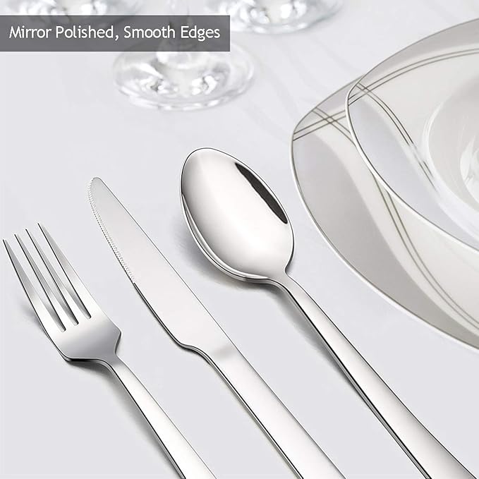 40-Piece Silverware Set, E-far Stainless Steel Flatware Set Service for 8, Modern Tableware Cutlery Set for Home and Restaurant, Square Edge & Mirror Finish, Dishwasher Safe