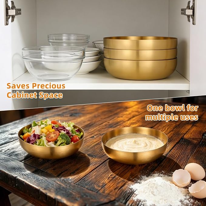 9.4" Stainless Steel Mixing Bowls - 75oz Gold Serving Bowl, Large Metal Decorative Bowl for Salad, Soup, Pasta, Snack, Cooking, Baking, Dishwasher Safe