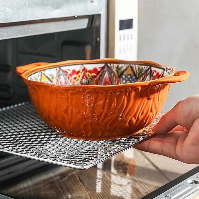 2 Pack Boho Ceramic Serving Bowls with Handles, 40 Oz Porcelain Salad Bowls, Large Serving Dishes for Entertaining, Mixing Bowls for Soup, Stew, Pasta, Cereal, Colorful Embossed Cute Bowls Set HH