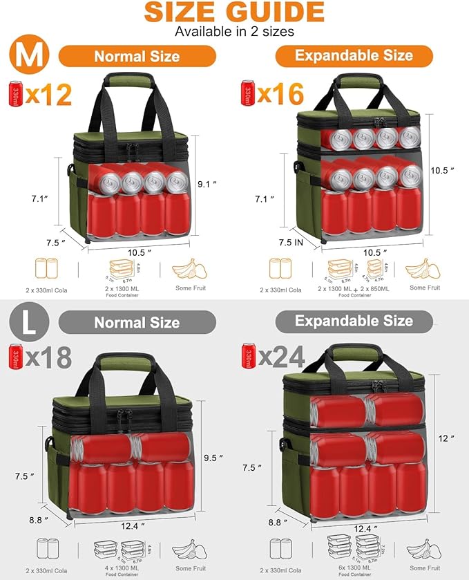 Lunch Box For Men Women Double Deck Insulated Lunch Bag For Men Woman Leakproof Expandable Cooler Bag with Adjustable Shoulder Strap for Work Shool Picnic(Green,Medium)