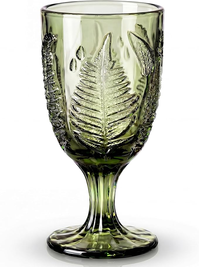 Green Stemmed Goblet, Hand-Pressed Fern Embossed Textured Glass for Water, Cocktails & Wine, Retro Boho Colored Stemware, Decorative Bar Drinkware for Kitchen Dining Table, Unique Botanical Style Gift