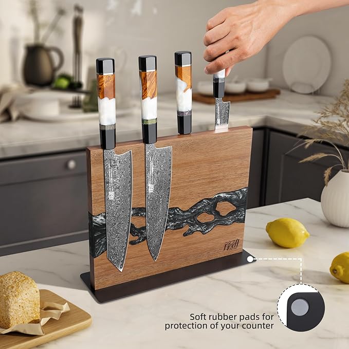FINDKING Magnetic Knife Block, Double-Sided Knife Holder with Strong Magnets, Acacia Wood and Black White Resin, Countertop Kitchen Knife Storage Stand (12 × 10 Inches, Without Knives)
