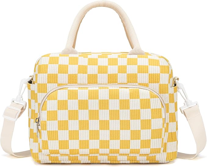 Lunch Box for Women Insulated Lunch Bag Women Adult Cute Lunch Bags Reusable Lunchbox Cooler Tote Bag for Work Picnic (Yellow-Plaid)