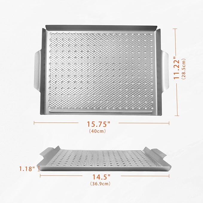 Grill Pan, Nonstick Grill Topper for Outdoor Grilling, Perforated BBQ Tray with Handles for Cooking Vegetable, Fish, Meat, Seafood