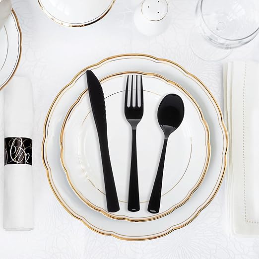 Party Essentials Pre-Rolled Disposable Extra Heavy Duty Plastic Cutlery Kit with Black Fork/Knife/Spoon and 3-Ply White Napkin (Case of 100 rolls)
