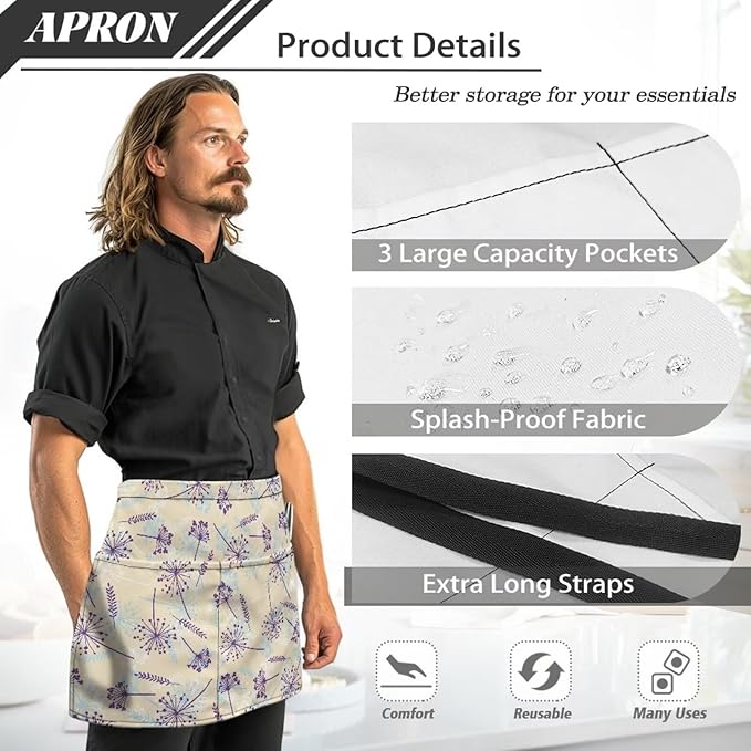 Server Waitress Waist Apron with 3 Pockets, Short Aprons for Servers,Waiter Apron For Waiter Accessories