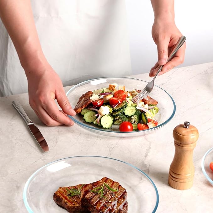 NUTRIUPS 2 Pack 10 inch Glass Plates - with Lipped Edge - Clear Tempered Glass Dinner Plates, Glass Serving Dinnerware for Pasta, Salad, Dishwasher and Microwave Safe