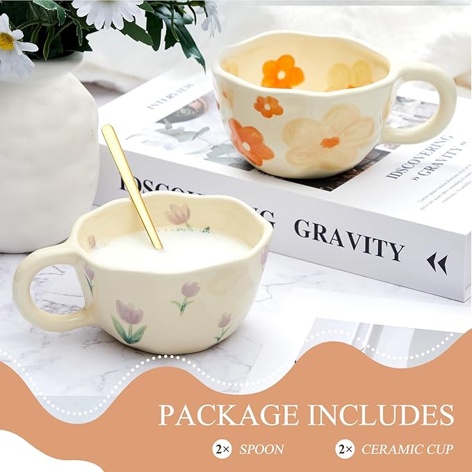 Vesici 2 Pcs Ceramic Coffee Mugs with Spoon, Vintage Floral Spring Mugs with Handle, 8.5 oz Aesthetic Flower Porcelain Tea Cup Set, Dishwasher & Microwave Safe for Home Office Gift(Charming)
