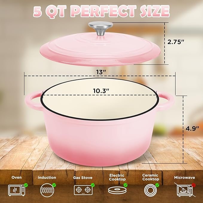 Enameled Cast Iron Dutch Oven Pot with Lid, Incl. Sourdough Bread Baking Supplies Like Banneton Bread Proofing Basket, Starter Jar, Scoring Tool Lame, 5QT Dutch Oven for Bread Baking, Oven Safe up to 500°F