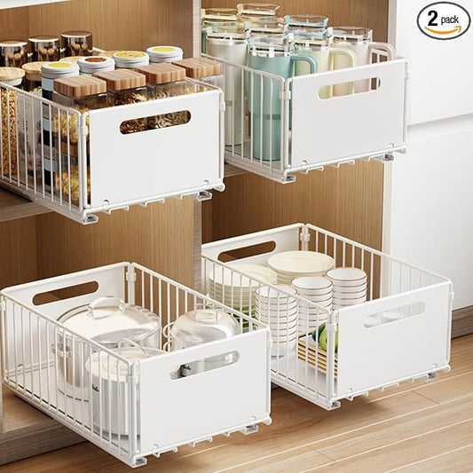 2 Pack Pull Out Cabinet Organizer, Slide Out Drawers for Cabinets, Peel and Stick, Heavy Duty Shelves for Kitchen, Cupboard, Pantry, Bathroom (14.76" D*9.65" W*7.87" H-White)