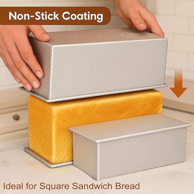 2-Pack Pullman Loaf Pan with Lid –Includes Two Size 13 by 5 & 8.4 by 4.8 Loaf Pan, Silver Textured Finish, Vented Bottom, Nonstick Bread Pan Set, Ideal for Sandwich Bread, Toast, Sourdough