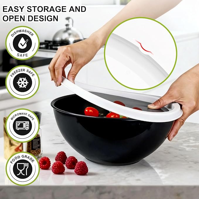 Plastic Mixing Bowls with Lids Set for Kitchen, Nesting Bowls for Mixing, Baking, Prepping, Cooking and Serving Food, Mixing Bowls Dishwasher, Microwave Safe (Black)