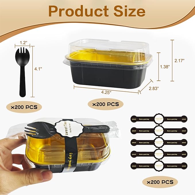 Mini Cake Pans With Lids And Spoons,5.5 oz Rectangle Mini individual Loaf Pans Disposable Aluminum Foil Small Baking Cups Tins (200, Black)