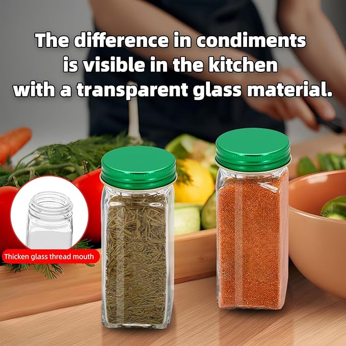2Pcs 4oz Glass Spice Jars with Shaker Lids, Spice Jars Trial Set & Supplement Set, Empty Spice Containers and Square Spice Bottles for Kitchen (Green iron Lids)