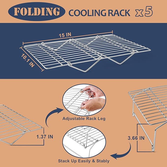 E-far 5-Tier Cooling Rack, 15”x10.1" Stainless Steel Stackable Wire Cooling Rack for Baking Cooking, Folding Leg & Non-toxic, Oven Safe & Dishwasher Safe