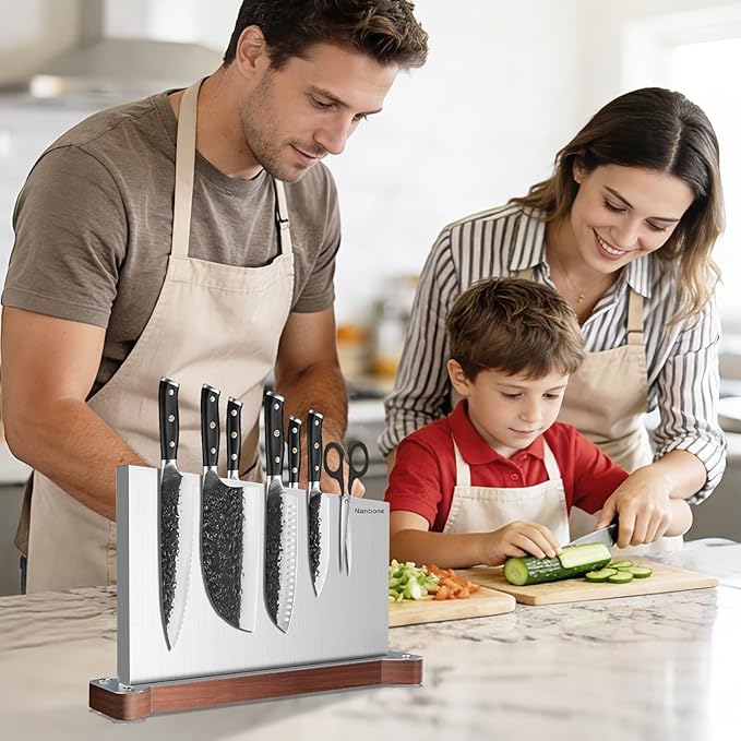 Large Magnetic Knife Block Holder Without Knives for Kitchen Counter, Stainless Steel Material Magnetic Knife Storage Stand Rack with Strong Double Sided Magnet and Wood Base - 16.15 x 11 Inches