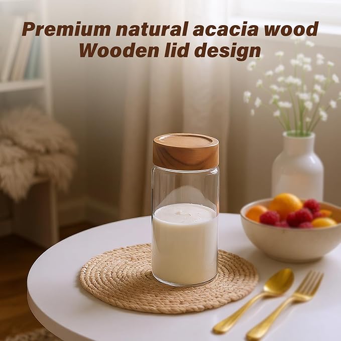 2-Pack 13 fl oz Glass Mason Jars with Acacia Wood Lids - Sealable, Leakproof, Clear & Stackable Food Storage Containers for Spices, Meal Prep, Flour, Sugar & Snack Storage