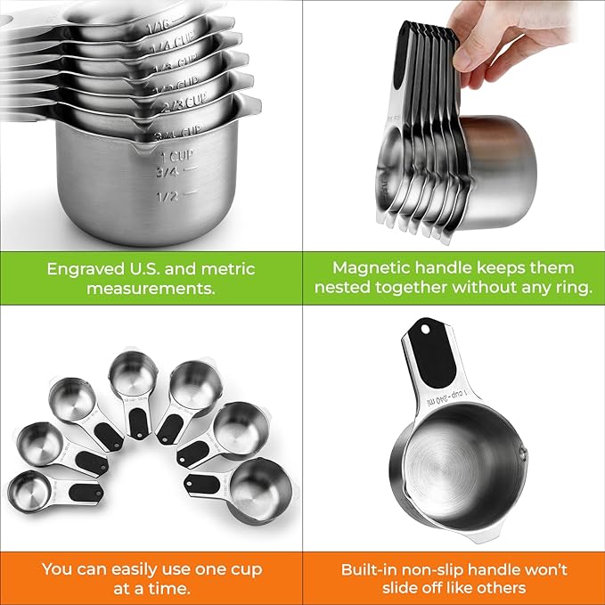 Spring Chef Magnetic Stainless Steel Measuring Cups, Patented, Kitchen Tools with Easy to Read Markings for Measuring Dry or Liquid Ingredients, Set of 7, Black
