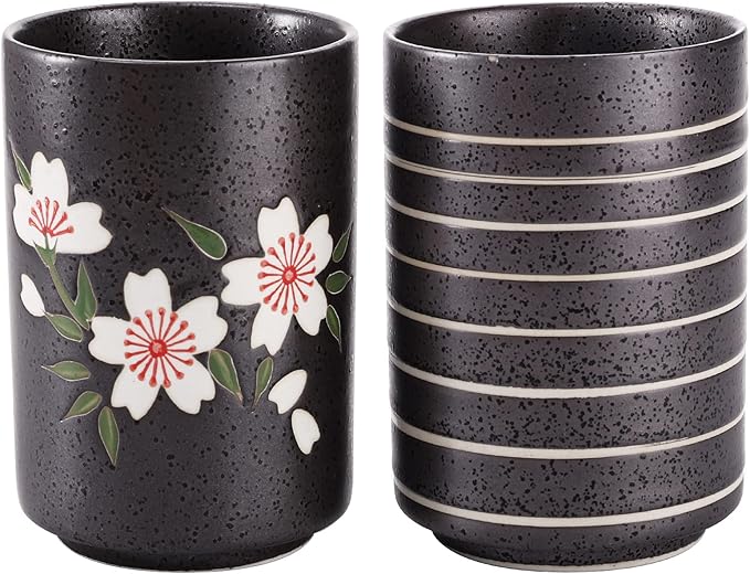 Hedume Set of 2 Japanese Tea Cups, 10oz Ceramic Teacup Mug, Japanese Cherry Blossoms and Line Design Ceramic Tea Cups Set for Green Tea, Matcha Tea, Bancha