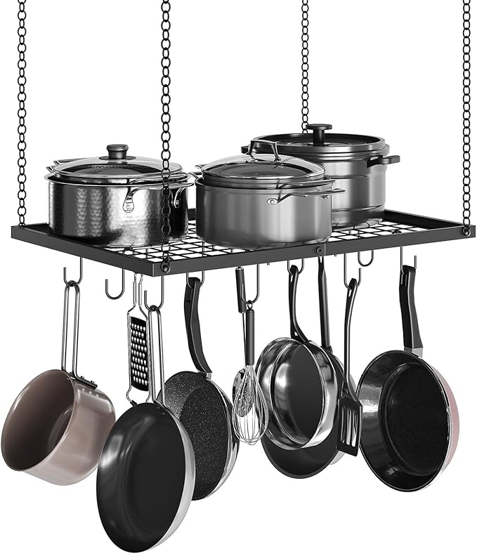 Hanging Pot Rack, Ceiling Mounted Pot Hanger for Kitchen, Metal Cookware Storage Organizer with 12 Hooks, for Storage of Cookware, Utensils in Kitchen, 23.7" L, Black TPR03BB