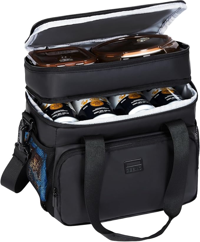 ZEEMO Soft Cooler Bag, Insulated Lunch Box, 12.5 L Ice Chest, Double Leakproof Layers, Waterproof and Collapsible Case for Work Outdoor Trip, Medium Size, Black