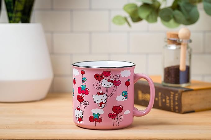Silver Buffalo Sanrio Hello Kitty Red and Pink Heart, Bow, and Apple Balloons Glitter Pattern Featuring Joey the Mouse Ceramic Camper Mug, 20 Ounces