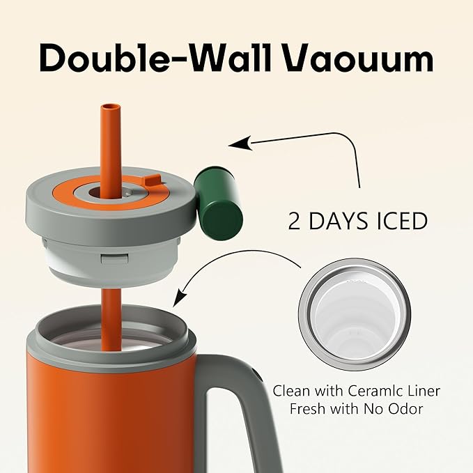 Tumbler with Handle,36 oz Ceramic Lined Travel Mug Water Bottle with Straw,Vacuum Insulated Stainless Steel Cup with Lid,Fits Cup Holder, Leak Resistant Press-in Lid,Orange