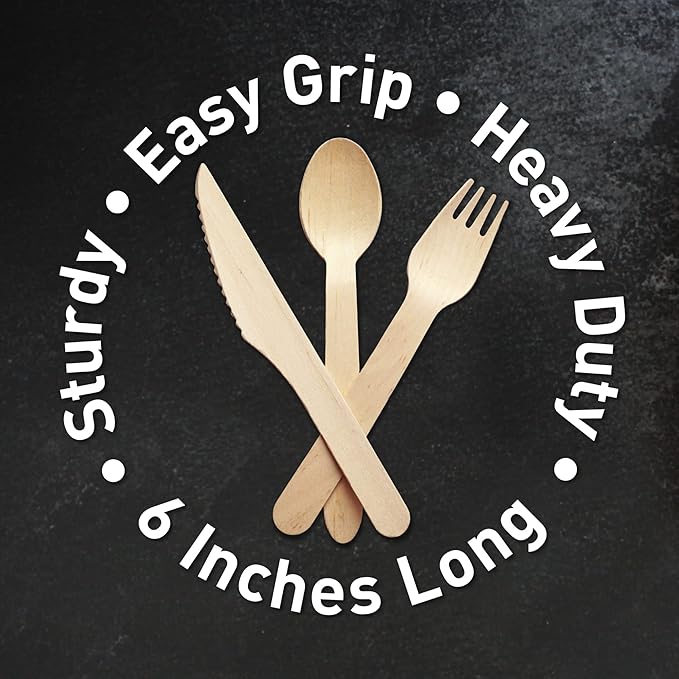 Weemium Disposable Wooden Cutlery Set - 300 Count (100 Forks, 100 Knives, 100 Spoons) – Plastic-free Packaging - Biodegradable Silverware and Splinter-free Compostable Utensils for Parties