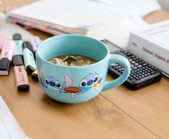 Silver Buffalo Disney Lilo and Stitch Aloha Various Faces Ceramic Soup Mug with Vented Plastic Lid, 24 Ounces