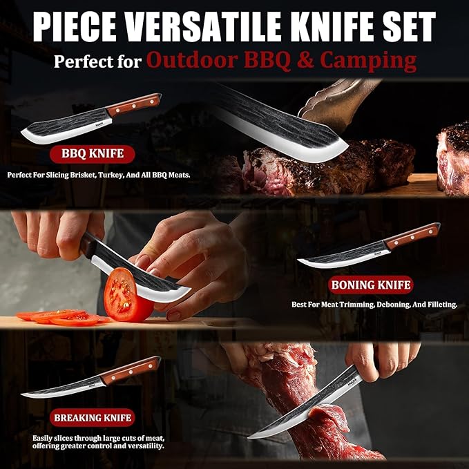 Huusk Butcher Knife Set for Meat Cutting, 3PCS Carving BBQ Brisket Knives, Hand-forged Kitchen Knive Set with Ergonomic Handle, Christmas Gifts for Men Women
