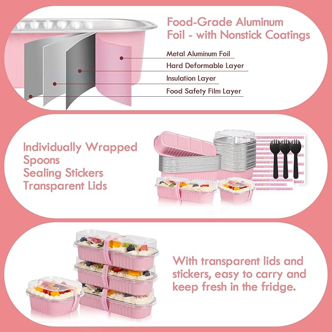 Mini Loaf Pans with Lids for Baking Bread Disposable, 50Pcs 6.8oz Mini Cake Pans with Lids and Spoons Pink Sticker & 30Pcs 10oz Square Aluminum Pans Kit, Dessert Foil Baking Cupcake Tins