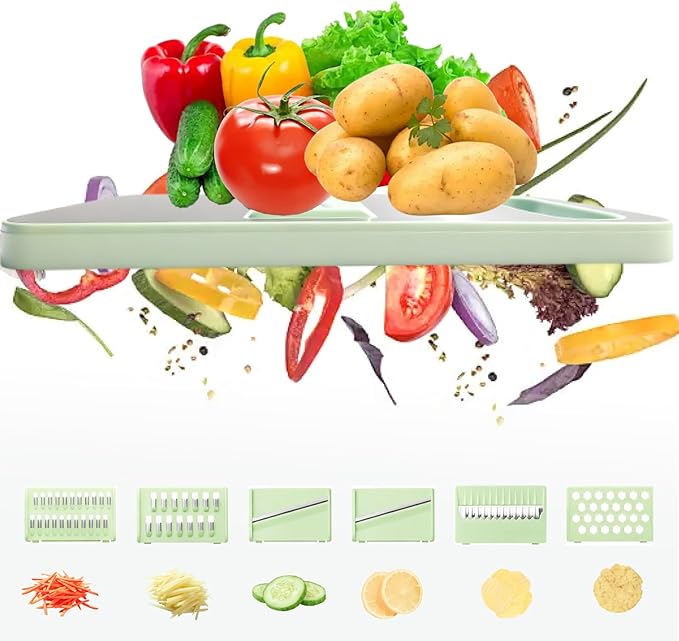 Stainless Steel Mandoline Slicer for Kitchen, 6-in-1 Vegetable Slicer with 360° Full-Cover Safety Guard, Adjustable Food Cutter for Potato, Carrot & Salad Prep, Space-Saving Design (Mint Green)