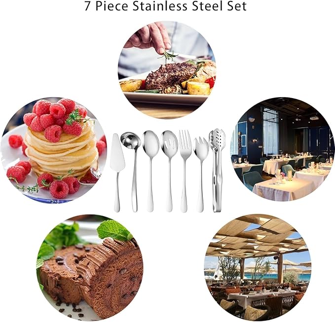 Silver Flatware 7 Piece Stainless Steel Set Includes Serving Spoons, Slotted Serving Spoon, Serving Tongs, Serving Fork, Salad Fork, Soup Ladle, Pie Server
