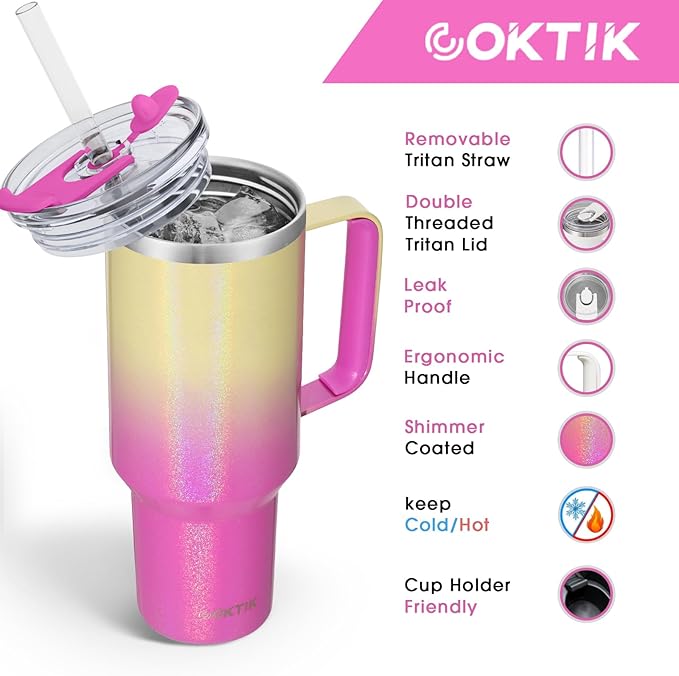 COKTIK 40 oz Tumbler With Handle and Straw, Insulated Tumbler With Leakproof Lids, Stainless Steel|BPA-Free, Cold for 24 H (Glitter Rainbow)