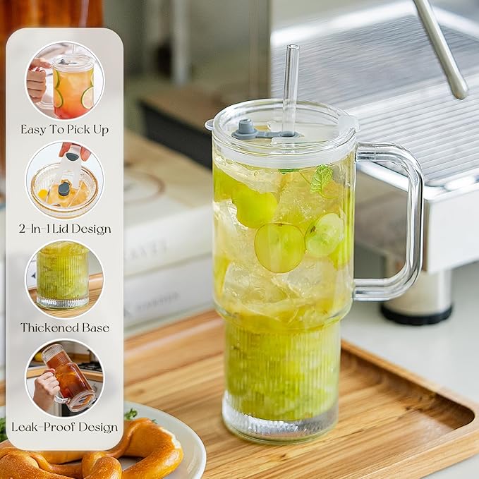 KEMORELA 2-Pack 26oz Ribbed Glass Tumblers with Handle and Lid – Large Aesthetic Iced Coffee Cups with Straws, Modern Textured Glass Mugs for Smoothies, Tea, Juice & Cold Beverages, Dishwasher Safe